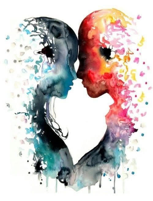 an abstract of man and woman with close faces