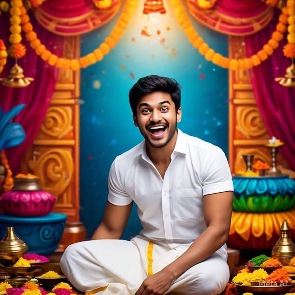a smiling man who is wearing dhoti with background of pillars and flowers