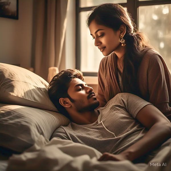 a man lying on his bed and a woman is starring his beauty