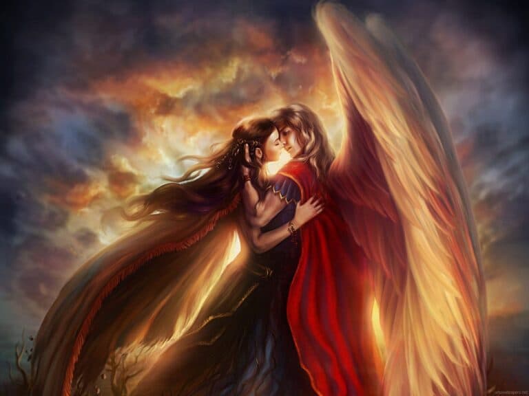 a man hugging with a lady who is having wings