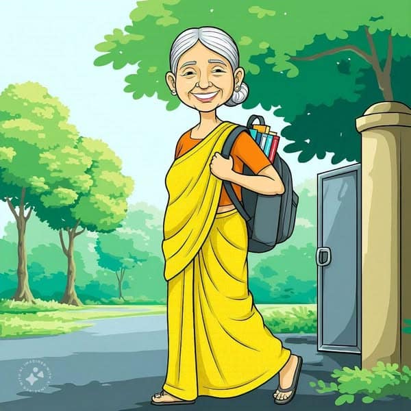 A old lady is trying to go to elder school with back bag